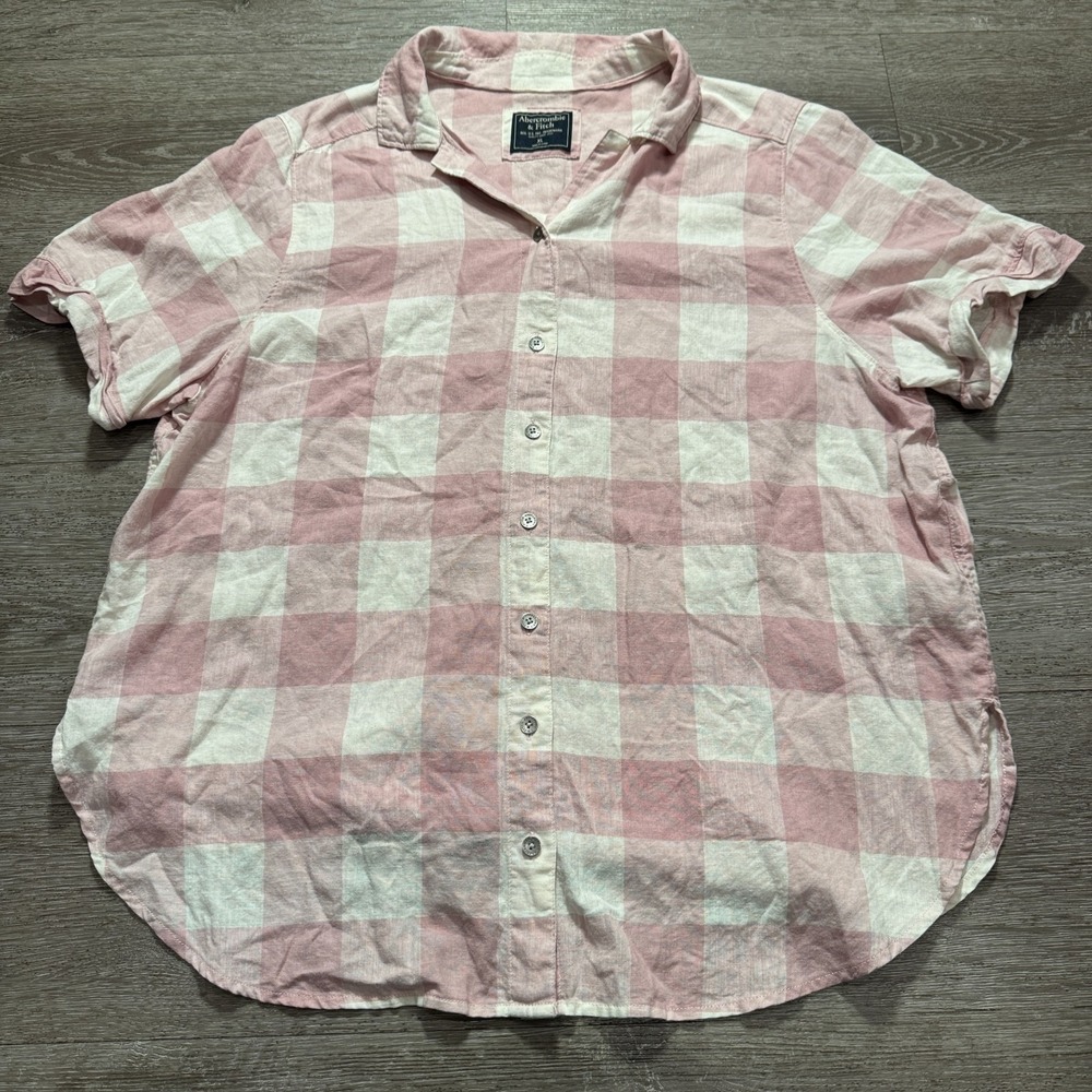 Abercrombie & Fitch Shirt Womens XL Pink Plaid Linen Button Up Casual Summer